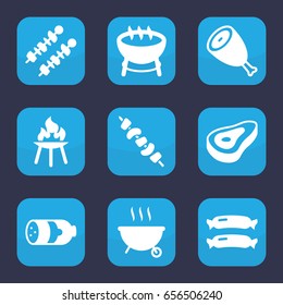 Grill icon. set of 9 filled grill icons such as beef, sausage, kebab, bbq, barbeque
