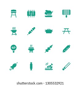 grill icon set. Collection of 16 filled grill icons included Tongs, Roast chicken, Sausage, Brochette, Skewer, Grill, Picnic, Dutch oven, Pork, Ribs, Barbecue