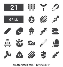 grill icon set. Collection of 21 filled grill icons included Skewer, Kebab, Sausage, Chalk, Mitt, Tongs, Meat, Picnic, Barbecue, Pork, Grill, Charcoal