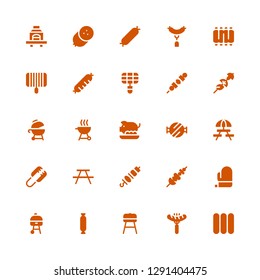 grill icon set. Collection of 25 filled grill icons included Sausages, Sausage, Barbecue, Grill, Mitt, Skewer, Brochette, Picnic, Tongs, Barbecue Pork, Ribs