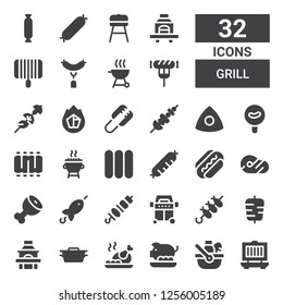 grill icon set. Collection of 32 filled grill icons included Grill, Picnic, Pork, Roast chicken, Dutch oven, Kebab, Brochette, Ham leg, Meat, Sausage, Sausages, Ribs, Chalk, Skewer