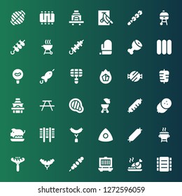 grill icon set. Collection of 36 filled grill icons included Ribs, Roast chicken, Grill, Brochette, Sausage, Chalk, Pork, Barbecue, Meat, Picnic, Kebab, Barbecue grill, Charcoal