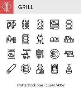 grill icon set. Collection of Hot dog, Steak, Shish kebab, Sausage, Chicken breast, Mutton, Ribs, Charcoal grill, Tenderloin, Shawarma, Meat, Smoked sausage, Butcher, Scent icons