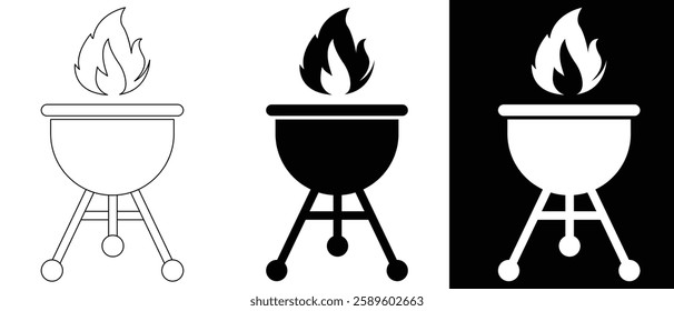 Grill icon.grill barbecue cook flame icon. BBQ with flame icon, Grill sign meat and food icon, Barbeque symbol. BBQ with lattice. Barbecue with cover and smoke. Black silhouette BBQ grill. 