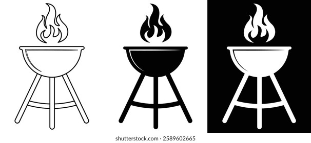 Grill icon.grill barbecue cook flame icon. BBQ with flame icon, Grill sign meat and food icon, Barbeque symbol. BBQ with lattice. Barbecue with cover and smoke. Black silhouette BBQ grill. 