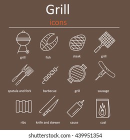 Grill icons, grilling accessories. Vector illustration.