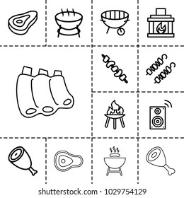 Grill icons. set of 13 editable outline grill icons such as beef, barbecue, kebab, bbq, fireplace, music loudspeaker, sausage