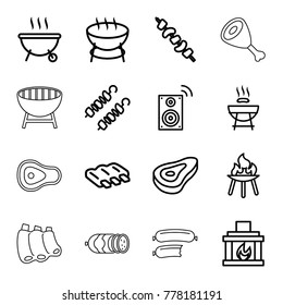 Grill icons. set of 16 editable outline grill icons such as beef, sausage, barbecue, barbeque, kebab, fireplace, bbq