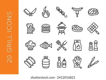 Grill icons, Set of 20 minimal icons. Grilling, cooking equipment, utils, outdoors. Icons set for restaurant menu, web page, mobile app, packaging design. Vector illustration