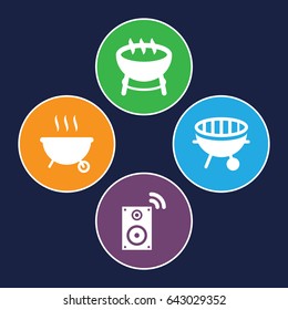 Grill icons set. set of 4 grill filled icons such as bbq, barbeque, music loudspeaker