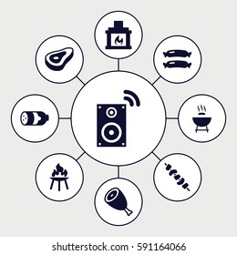 grill icons set. Set of 9 grill filled icons such as beef, sausage, kebab, fireplace, bbq, music loudspeaker