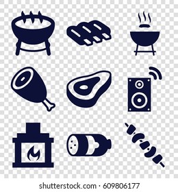 Grill icons set. set of 9 grill filled icons such as beef, sausage, kebab, fireplace, music loudspeaker, barbecue