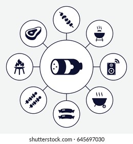 Grill icons set. set of 9 grill filled icons such as beef, sausage, kebab, bbq, barbeque