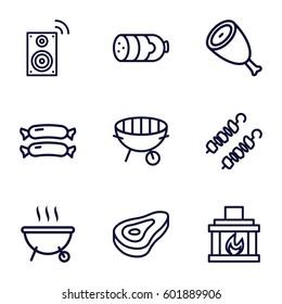 grill icons set. Set of 9 grill outline icons such as beef, sausage, bbq, fireplace, kebab, barbeque