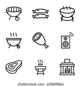 Grill icons set. set of 9 grill outline icons such as beef, sausage, bbq, fireplace, barbeque, music loudspeaker