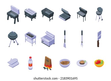 Grillsymbole setzen isometrische Vektorgrafik. Rundkochen. Lebensmittelausrüstung