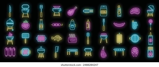 Grill icons set outline vector. Round cooking. Food bbq neon color on black