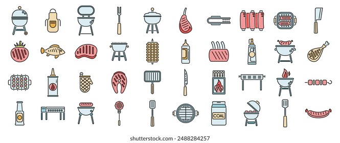Grill icons set outline vector. Round cooking. Food bbq thin line color flat on white