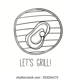 Grill illustration with meat. Vector steak on grill. Hand drawn barbecue design. 