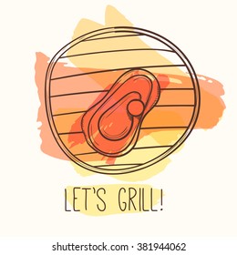 Grill illustration with meat. Vector steak on grill. Hand drawn barbecue design. Bbq retro poster 