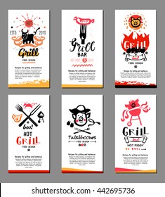 Grill illustrations, cards. Drawings and symbols are handmade on the subject of barbecue and grilling.