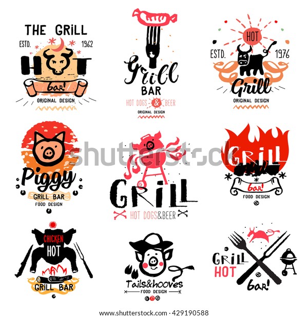グリルのイラストやロゴ バーベキューや焼き物に関しては 絵や記号が手作りされる 天然の肉製品 のベクター画像素材 ロイヤリティフリー