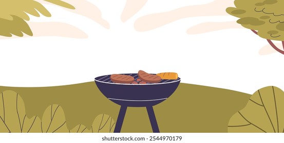 Grill With Juicy Steaks And Vegetables In A Sunny Outdoor Setting Perfect For A Summer BBQ Gathering Surrounded By Lush Greenery And Clear Blue Sky Capturing A Relaxed And Joyful Atmosphere