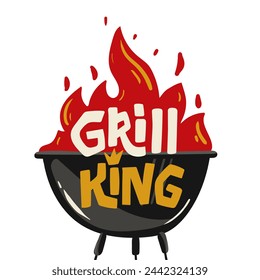 Grill King. Sticker, badge, logo. Barbecue with fire. Hand lettering. Drawn text on white background. Vector illustration