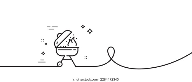 Gitterliniensymbol. Kontinuierlich eine Linie mit curl. Grillkocher zum Kochen von Lebensmittelzeichen. Fleischfresser mit Feuersymbol. Raster, einfaches Rahmenband. Loop-Kurve Muster. Vektorgrafik