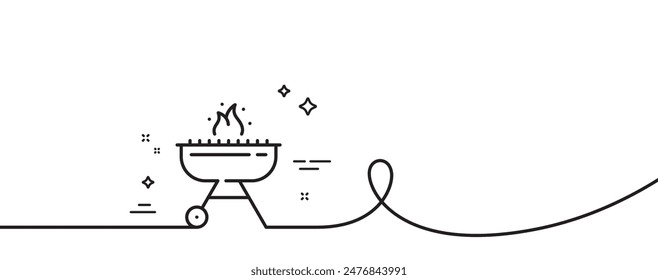 Icono de línea de parrilla. Una línea continua con rizo. Cocina de barbacoa para cocinar la comida signo. Brasero de carne con símbolo de fuego. Cinta de un solo contorno. Patrón de curva de bucle. Vector