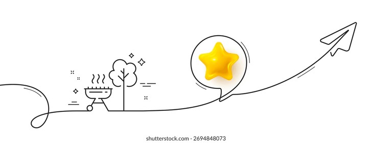 Grill line icon. Continuous line with share plane. Barbecue cooker for cooking food sign. Hot meat brazier symbol. 3d star in speech bubble. Grill single line ribbon. Loop curve pattern. Vector