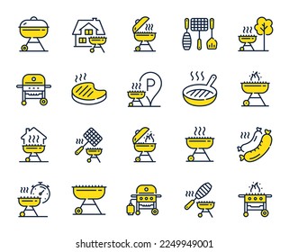 Grill line icons. Salmon meat steak, Bbq smoker and Fire cooking set. Gas-fueled grill, hot pan and barbecue sausage icons. Grilled beef steak meat, roasted food and fish grilling basket. Vector