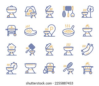 Grill line icons. Salmon meat steak, Bbq smoker and Fire cooking set. Gas-fueled grill, hot pan and barbecue sausage icons. Grilled beef steak meat, roasted food and fish grilling basket. Vector