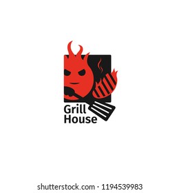 Grill logo. Barbecue restaurant with hot fire character. Smoke meat, beef steak, fast food cook icon.
