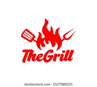 O design do logotipo da Grill. Churrasco e ferramentas de grelha Spatula e projeto de vetor de garfo e ilustração.
 

