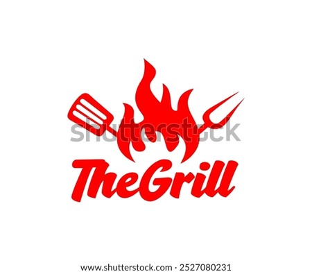 The Grill logo design. BBQ and grill tools Spatula and fork vector design and illustration.
 

