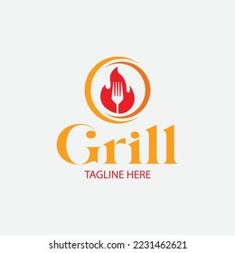 Grill Logo Design Template With Fire And Fork.