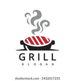 Etiqueta del logotipo de la parrilla, insignia y otro diseño. Ilustración vectorial retro de llama de fuego.