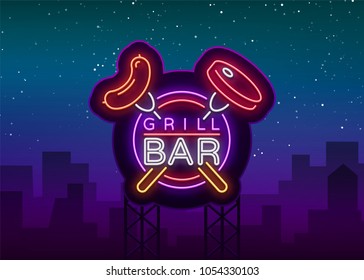 Grill logo in a neon style. Vector illustration on the theme of food, meat of the same. Neon sign, bright symbol, Grill bar, restaurant, snack bar, dining room. BBQ party. Bright night advertisement