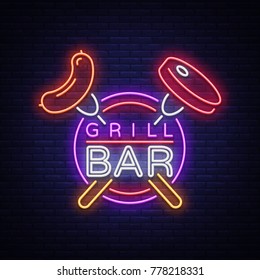 Grill logo in a neon style. Vector illustration on the theme of food, meat of the same. Neon sign, bright symbol, Grill bar, restaurant, snack bar, dining room. BBQ party. Bright night advertisement