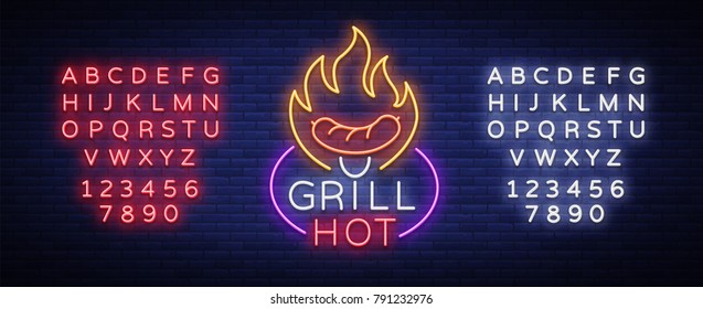 Grill logo in a neon style. Vector illustration on the theme of food, meat of the same. Neon sign, bright symbol, Grill bar, restaurant, snack bar, dining room. BBQ party. Editing text neon sign