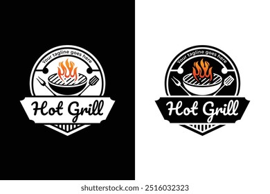 Grill logo template, barbeque logo design, smoke house, spatula, hot grill logo, steak house 