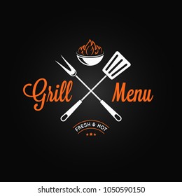 Grill logo vintage emblem. Grill fire and tools on black background