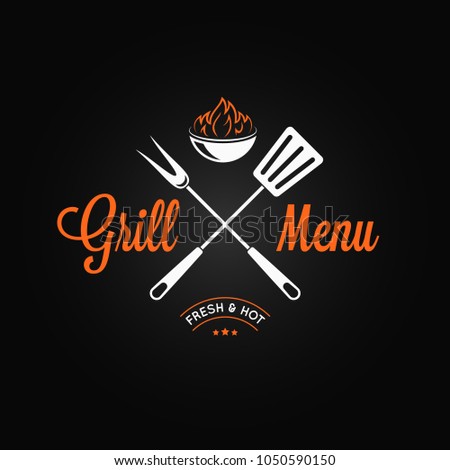 Grill logo vintage emblem. Grill fire and tools on black background