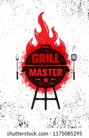 Grill Master Meat On Fire Barbecue Menu Vector Design Element. Outdoor Meal Creative Rough Sign On Grunge Stained Background. 