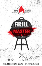 Grill Master Meat On Fire Barbecue Menu Vector Design Element. Outdoor Meal Creative Rough Sign On Grunge Stained Background. 