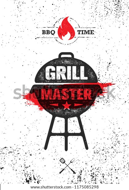 Grill Master Meat On Fire Barbecue Menu Vector Design\
Element. Outdoor Meal Creative Rough Sign On Grunge Stained\
Background. 