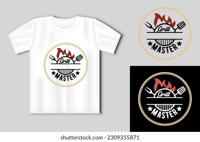 Grill master. Vector lettering for t shirt, poster, card. Funny BBQ concept with t-shirt mockup