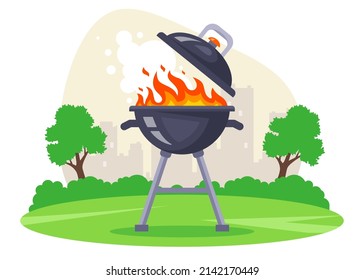 grill meat in a barbecue grill. rest at nature. flat vector illustration.