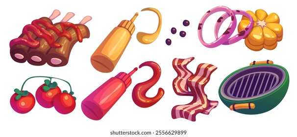 Grill meat cartoon. Bbq roast beef food for picnic vector icon. Bacon slice and barbeque cooking meal for outdoor summer party. Seasoning cookout with ketchup and mustard sauce in bottle element set